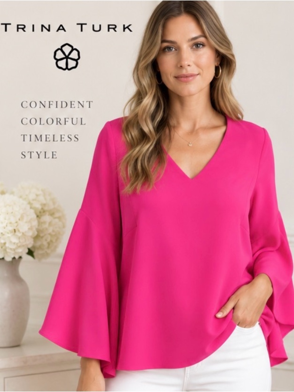 Trina Turk Hot Pink Fuchsia V Neck Bell Sleeve Tie Back Blouse 187128